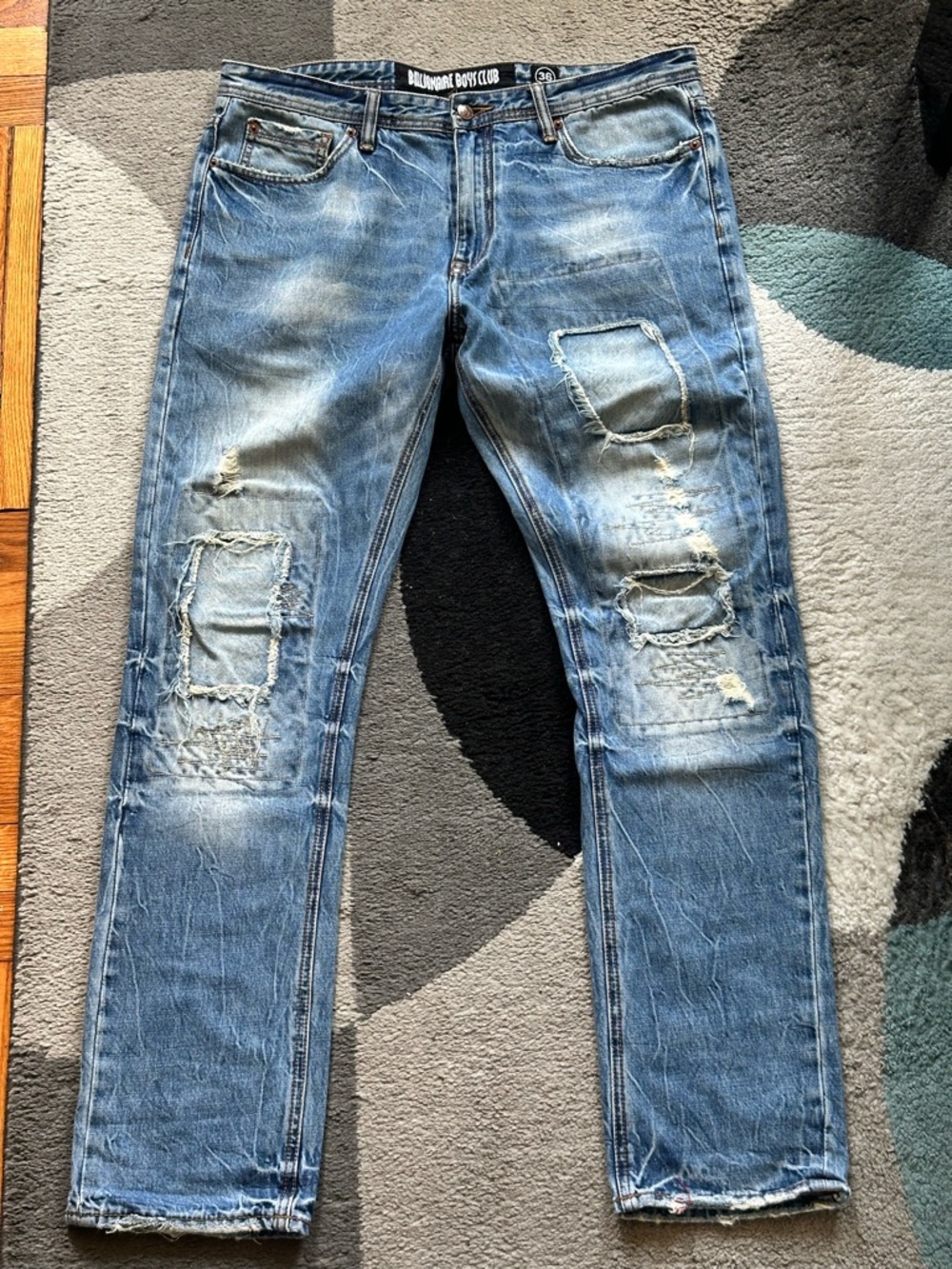 Billionaire Boys Club Faded Light Blue Straight Jeans with Pocket Distress - Picture 2 of 3